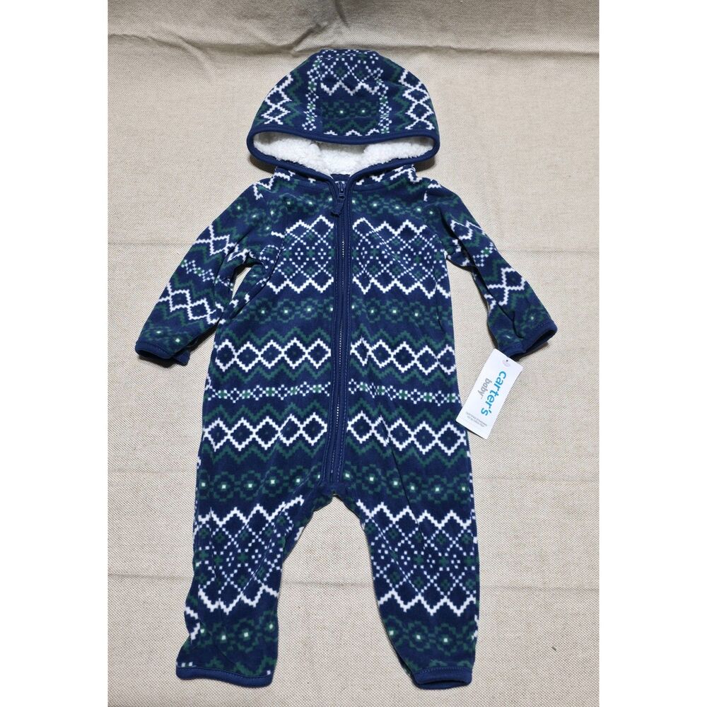NWT Carter's Baby Boy Fair Isle Hooded Fleece Jumpsuit Coverall Blue Green 6M